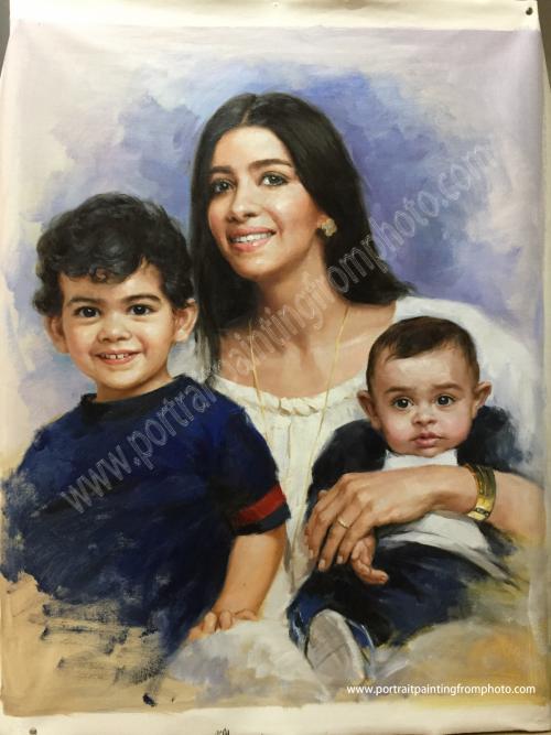 7, Mom and children portrait painting from photo